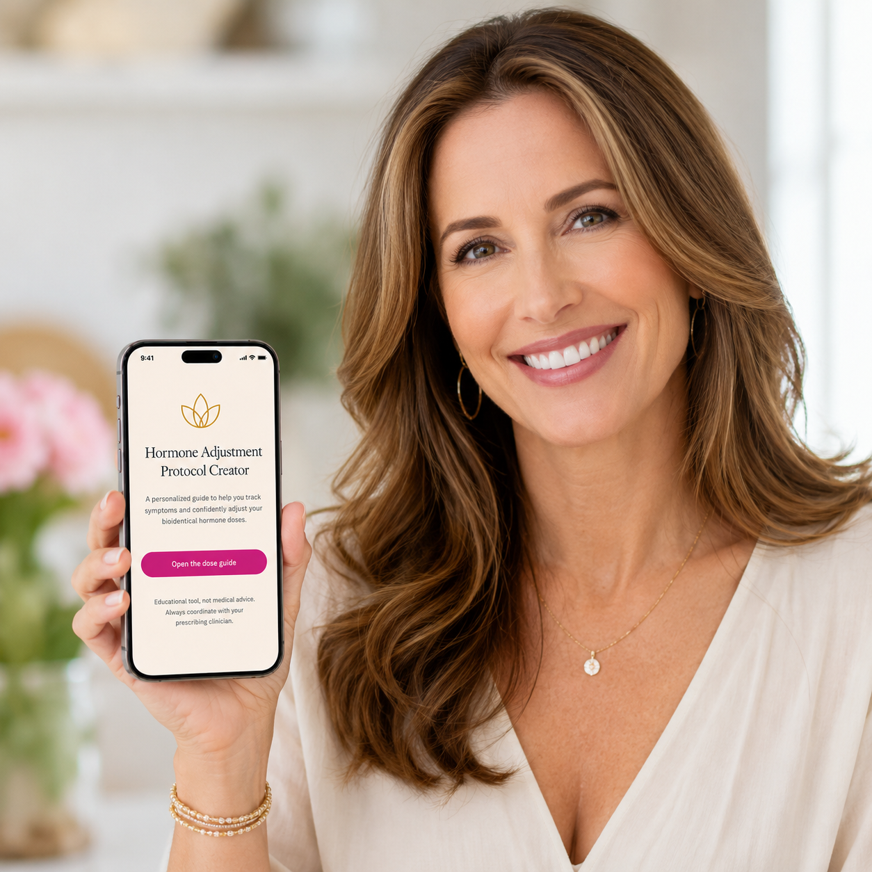 Woman holding the Hormone Adjustment Protocol Creator app